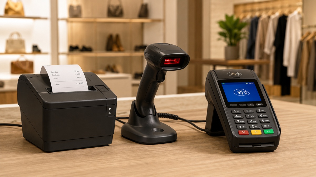 Point of sale hardware with EFTPOS terminal, barcode scanner and receipt printer