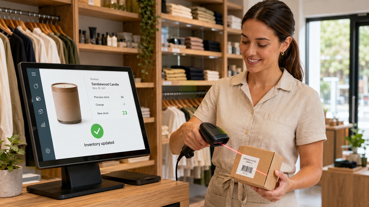 Staff member scanning product barcodes for connected POS inventory tracking