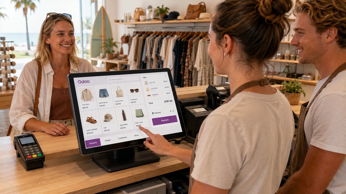 Retail team using a connected Odoo point of sale checkout in Australia