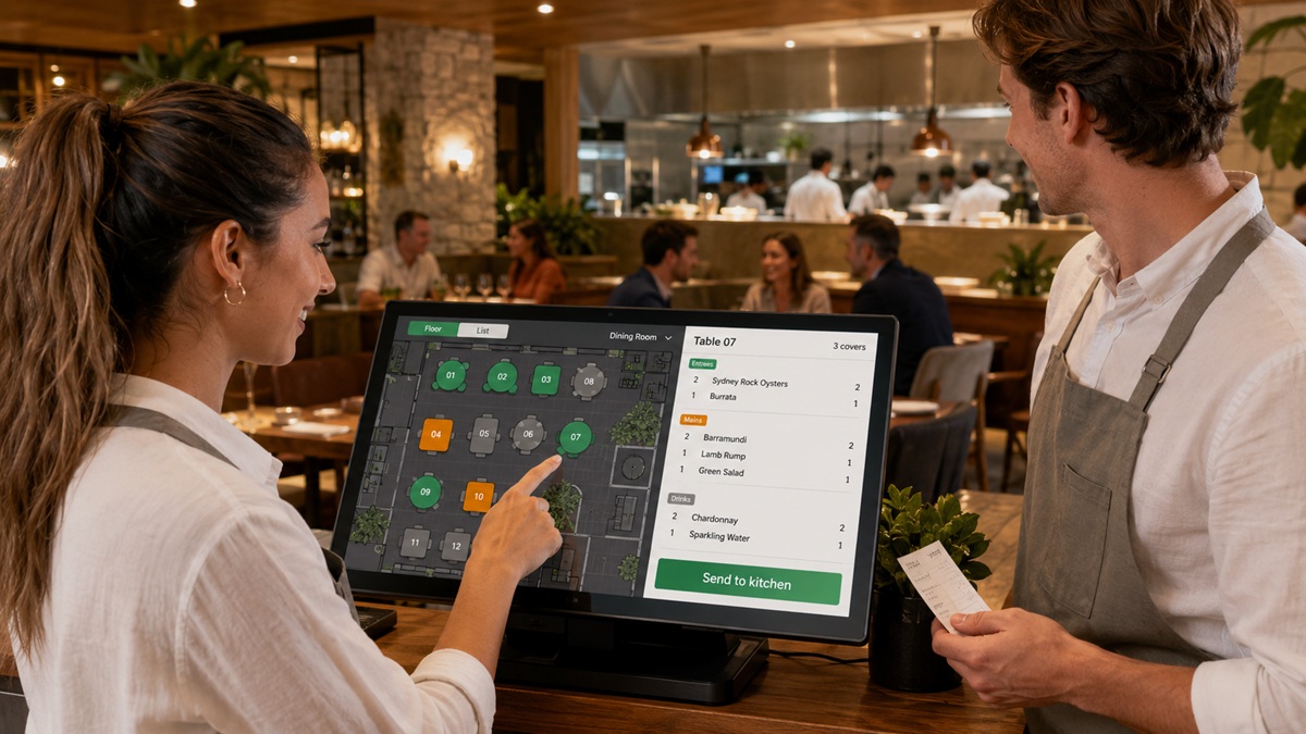 Restaurant staff using a point of sale system for table and order management